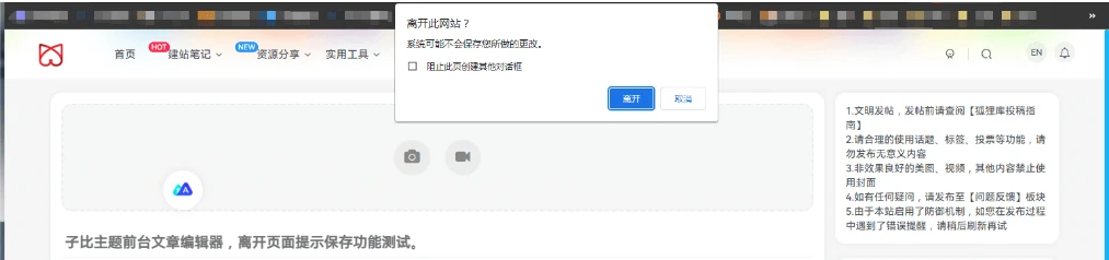 子比主题功能 – 前台文章编辑器离开页面提示保存功能-星空知
